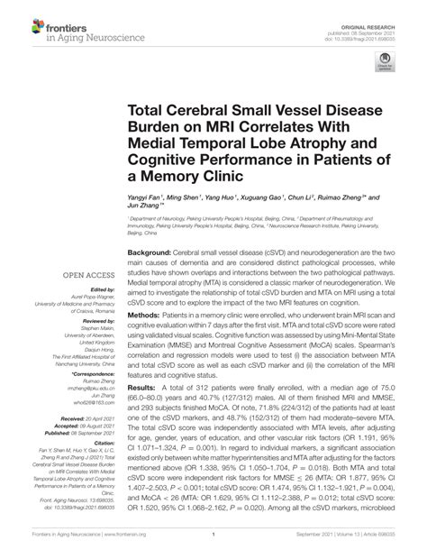 Pdf Total Cerebral Small Vessel Disease Burden On Mri Correlates With