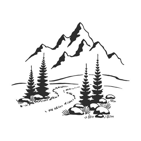 Mountain With Pine Trees And Landscape Black On White Background Hand
