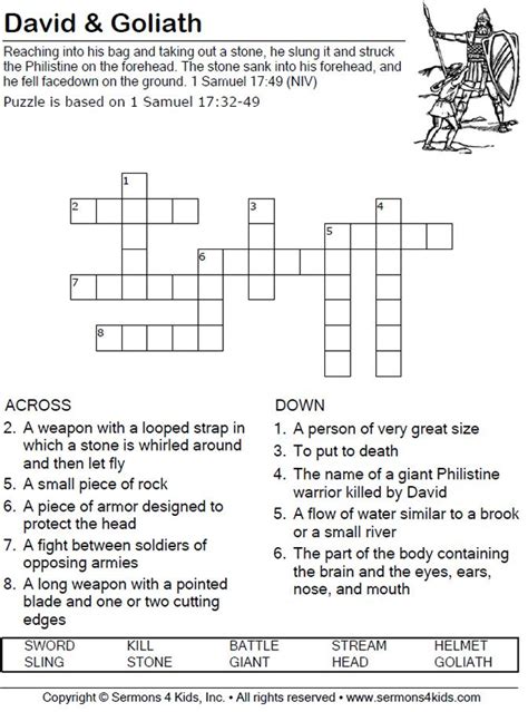 David And Goliath Crossword Puzzle Sunday School Worksheets Bible