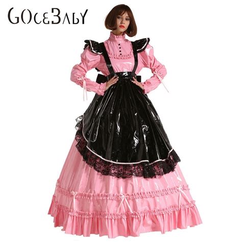 french pvc prissy sissy maid lockable long dress cosplay costume crossdress uniform on