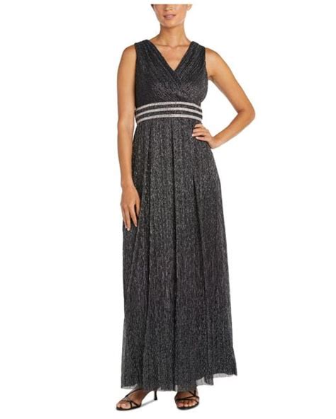 R And M Richards Synthetic Crinkle Pleated Gown In Blacksilver Black
