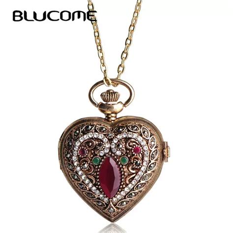 blucome love heart red pocket watches for women sweater vintage turkish pendant necklace bronze