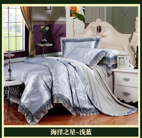 Blue Brand Lace Satin Jacquard Luxury Bedding Comforter Set King Queen
