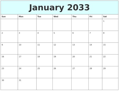 March 2033 Free Calendar Template