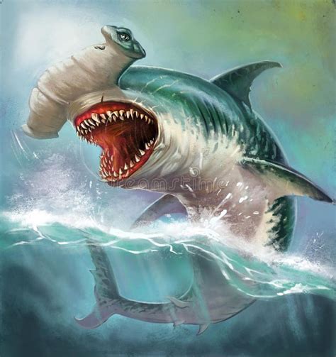 Illustration About Huge Evil Hammerhead Shark On The High Seas