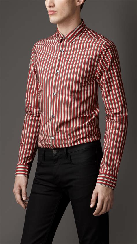 Lyst Burberry Slim Fit Cotton Silk Stripe Shirt In Red For Men