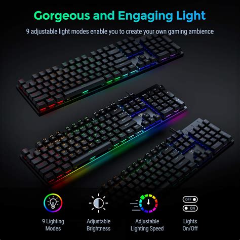 Pictek Full Size Mechanical Gaming Keyboard Rainbow Backlit Ultra Slim