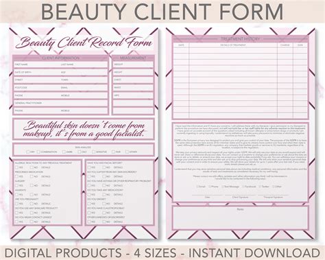 Beauty Client Record Form Consultation Treatment Salon Stationery Digital Pdf Products 4