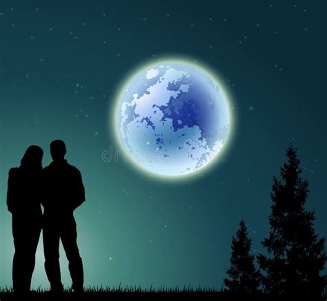 Couple Silhouette With Full Moon Background And Pine Tree Stock