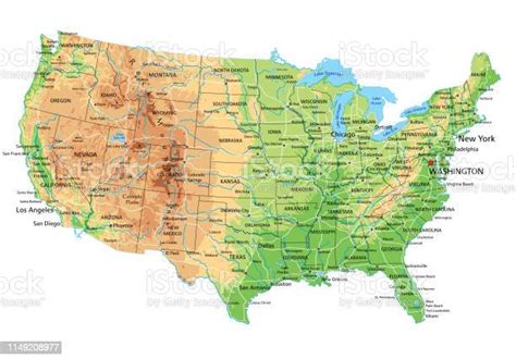 High Detailed United States Of America Physical Map With Labeling Stock