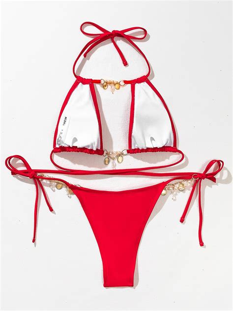 Sexy Rhinestone Bikini Ladies Pure Red Cutout Bandage Push Up Swimsuit Brazilian Beach Swimsuit