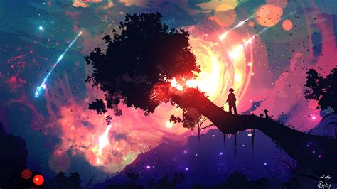 Desktop Wallpaper Illustration Sunset Boy On Tree Night Anime Art