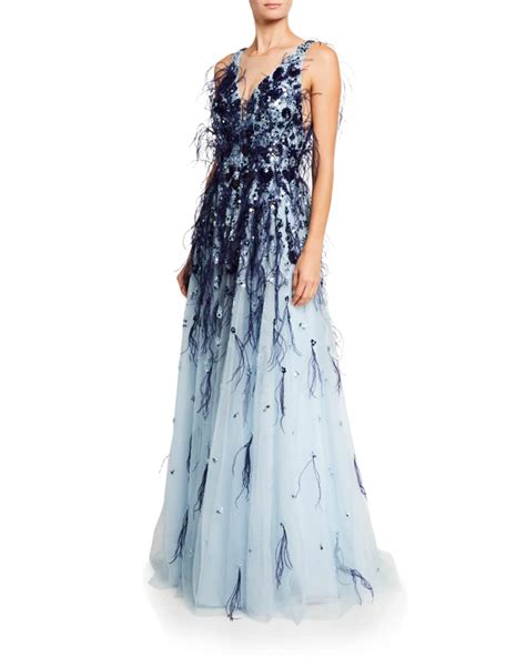 Pamella Roland Flower Sequined Tulle Gown With Feather Trim Neiman Marcus