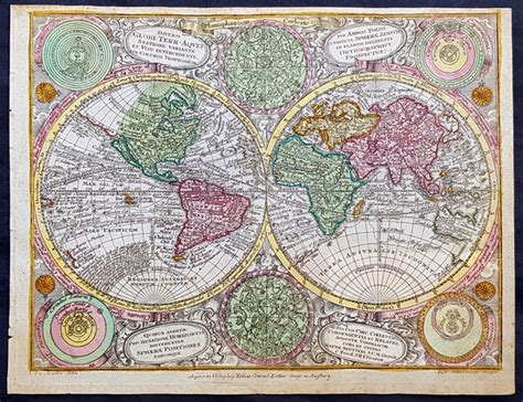 1744 Georg Mattaus Seutter Antique Twin Hemisphere World Map Californ