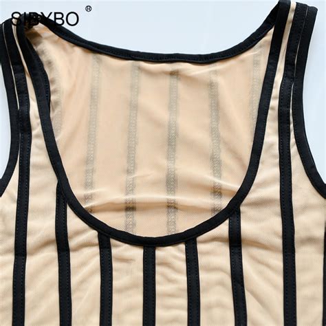 Sibybo Striped Print Skinny Summer Bodysuit Women Sleeveless O Neck Sexy Romper Women Beach