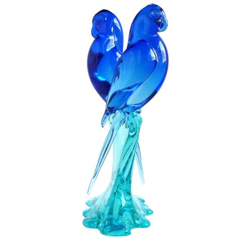 Archimede Seguso Murano Blue Italian Art Glass Double Parrot Bird