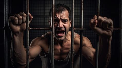 Premium Ai Image Aggressive Male Prisoner Holding Bars With Injured Hands