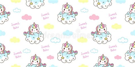 Seamless Unicorn Pattern Animal On Sweet Cloud Cartoon Kawaii Vector