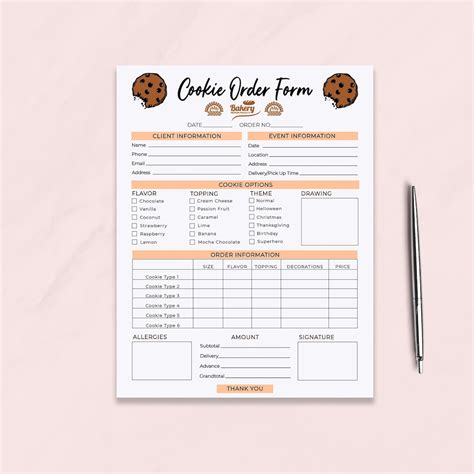 Cookie Order Form Template Bakery Order Form Receipt Small Etsy