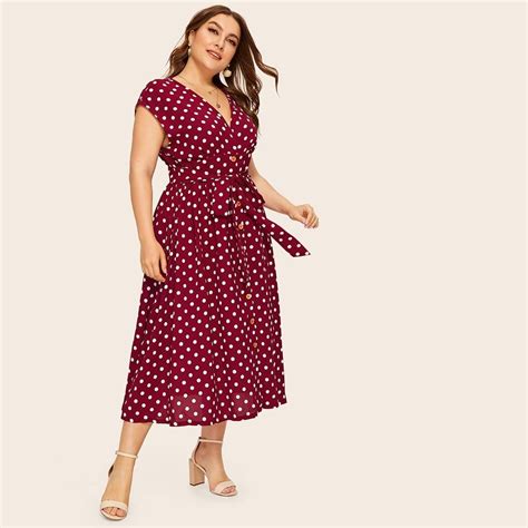 Plus Button Front Polka Dot Print Belted Dress In 2020 Belted Dress