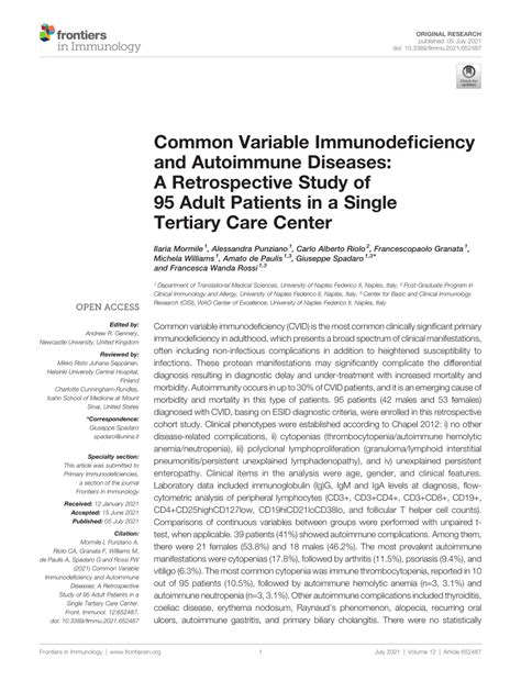 Pdf Common Variable Immunodeficiency And Autoimmune Diseases A
