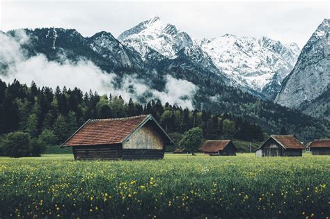 Nature Landscape Mountains Photography Clouds House Field Trees