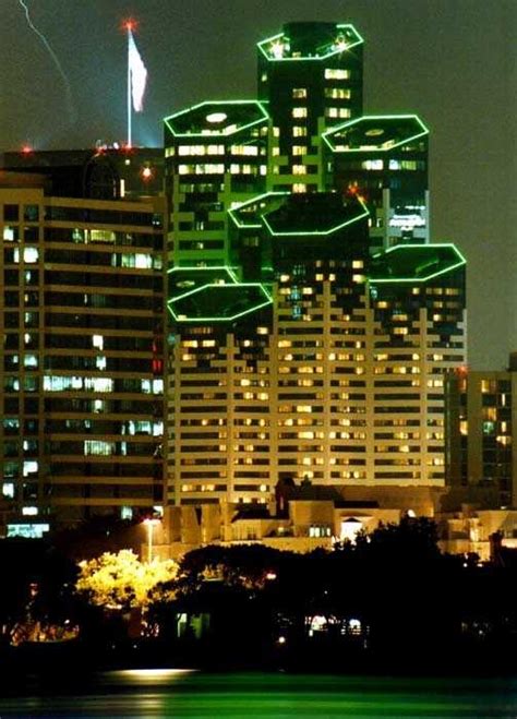 The benefits of green buildings. San Diego at Nighttime--The Emerald Shapery Building looks ...
