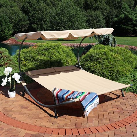 Sunnydaze Double Chaise Outdoor Lounge Bed With Canopy And Headrest