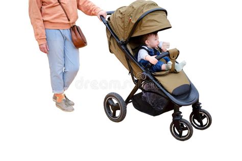 Woman Mother Walks With Toddler Baby Boy Sitting In A Stroller Isolate
