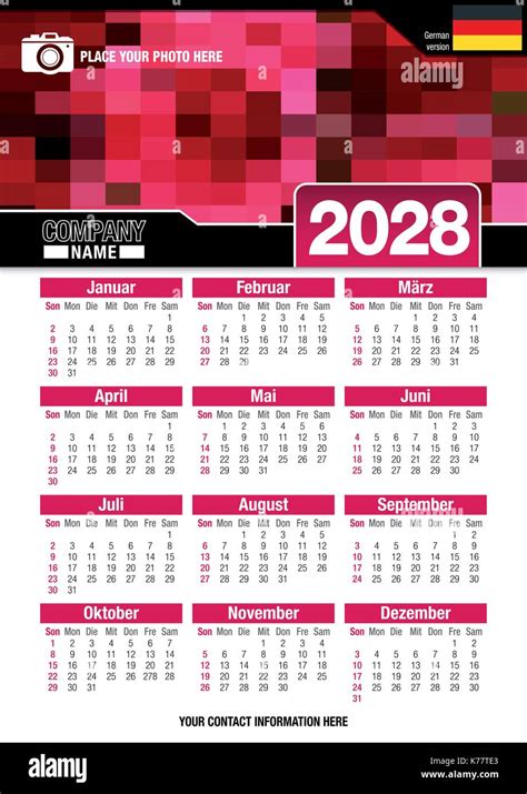 Útil Calendario De Pared 2028 Con Diseño De Colores Rojo Mosaico