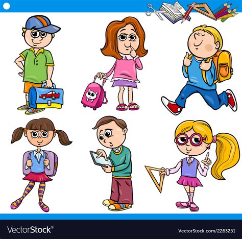 Cute Primary School Children Cartoon Set Vector Image