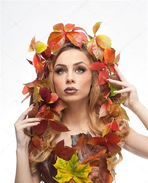 Autumnal Woman Beautiful Creative Makeup And Hair Style In Fall