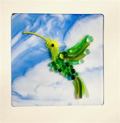 Glass Hummingbird In A Simple White Frame Fresh As A Summer Etsy Fused Glass Panel White