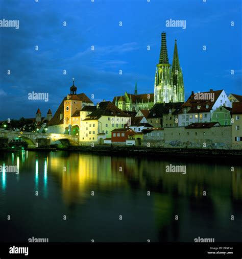 Stone Bridge Bridge Gate And Cathedral Over The Danube River