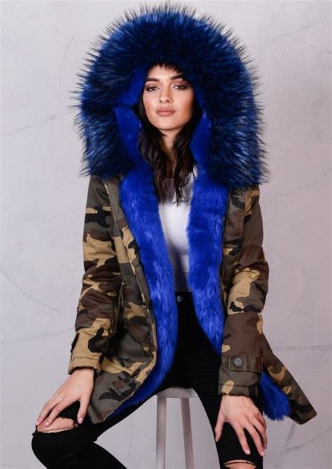 Blue Faux Fur Hooded Full Fleece Parka Coat Khaki Green Faux Fur