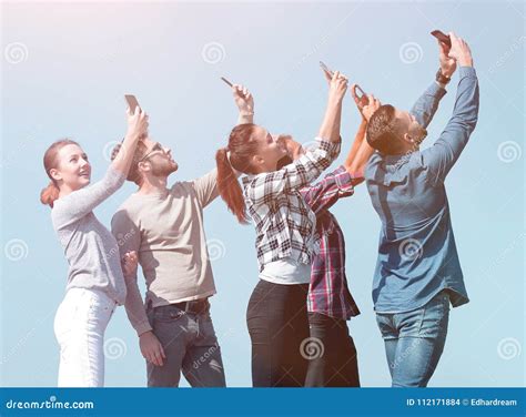 Rear View Happy Friends Doing A Selfie Stock Photo Image Of