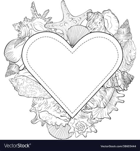 Heart Shape Frame From Hand Drawn Sea Shells Vector Image