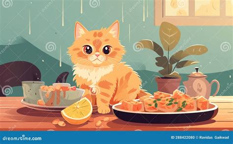 An Illustration Of A Cat Sitting On A Table With Food Ai Generated