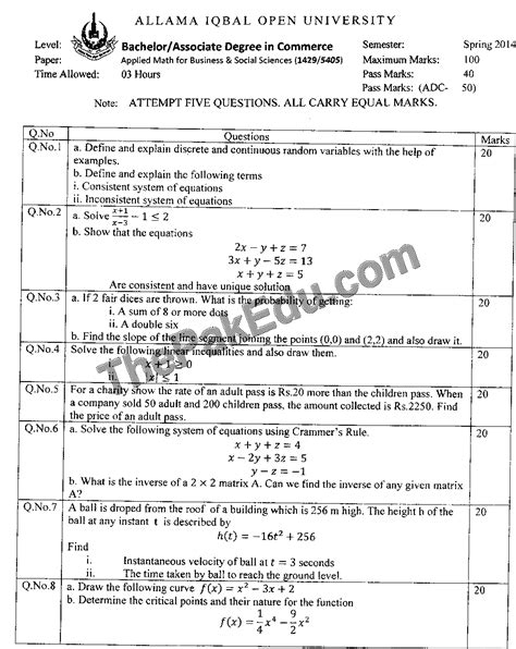 Business Mathematics Code No 1429 Spring 2014 Aiou Old Papers Love