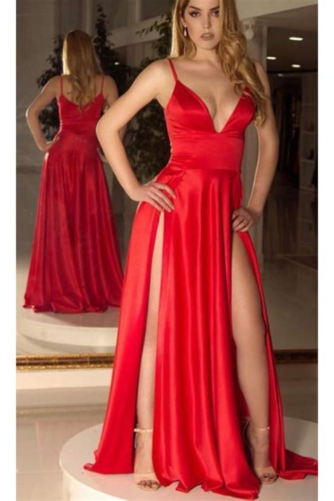 Sexy Long Red V Neck Spaghetti Straps Prom Dress Formal Evening Dresses