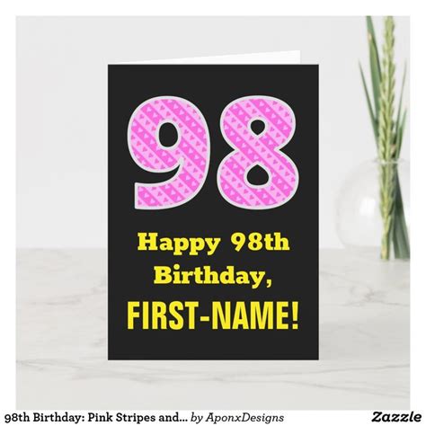 98th Birthday Pink Stripes And Hearts 98 Name Card Zazzle