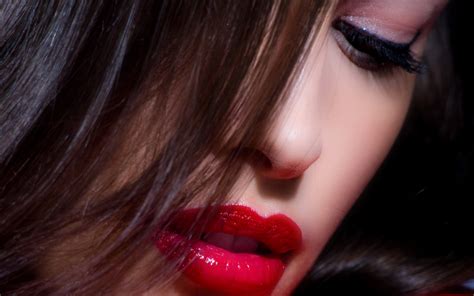 Wallpaper Face Model Long Hair Red Lipstick Black Hair Mouth