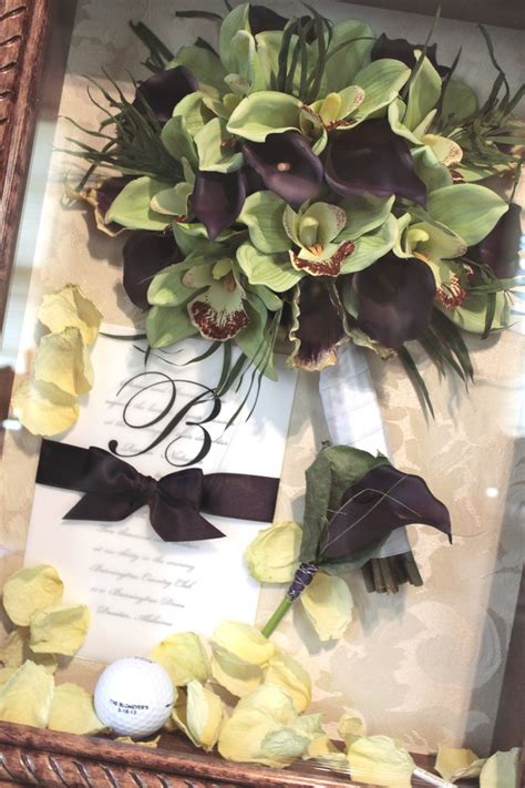 Wedding Bouquet Of Green Cymbidium Orchids And Eggplant Calla Lilies