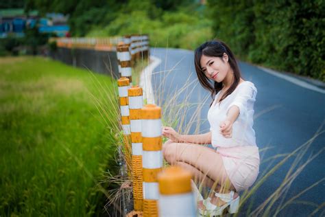 4K Asian Brunette Girl Sitting Glance Hands Legs HD Wallpaper