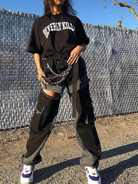 Black-Grey Patchwork Pockets High Waisted Casual Cargo Long Pants