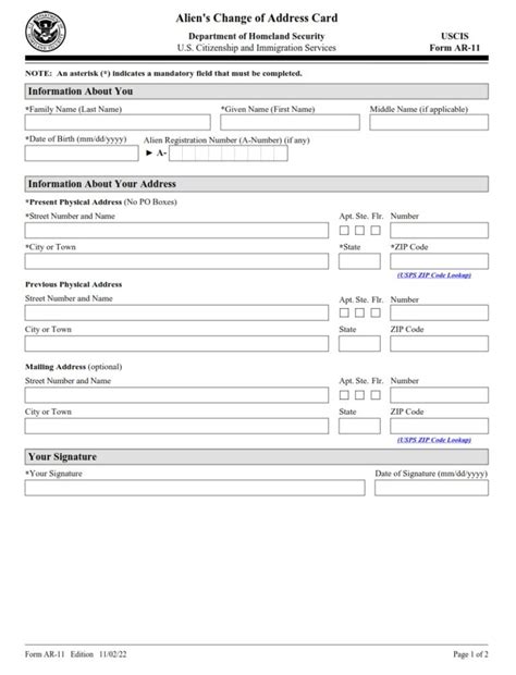 Ar 11 Form Aliens Change Of Address Card Free Online Forms
