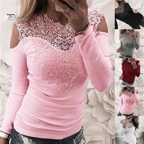 buy fashion sexy lady lace patchwork cold shoulder long sleeve slim fit blouse top at affordable