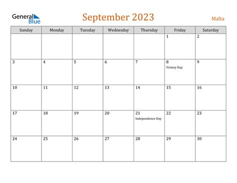 Malta September 2023 Calendar With Holidays