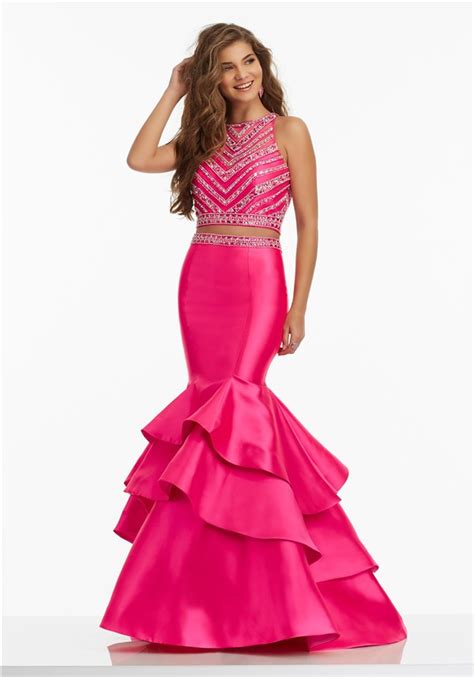 Mermaid High Neck Two Piece Hot Pink Satin Ruffle Beaded Prom Dress