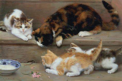 Cat And Kittens Chasing A Mouse Painting By Rosa Jameson Fine Art America